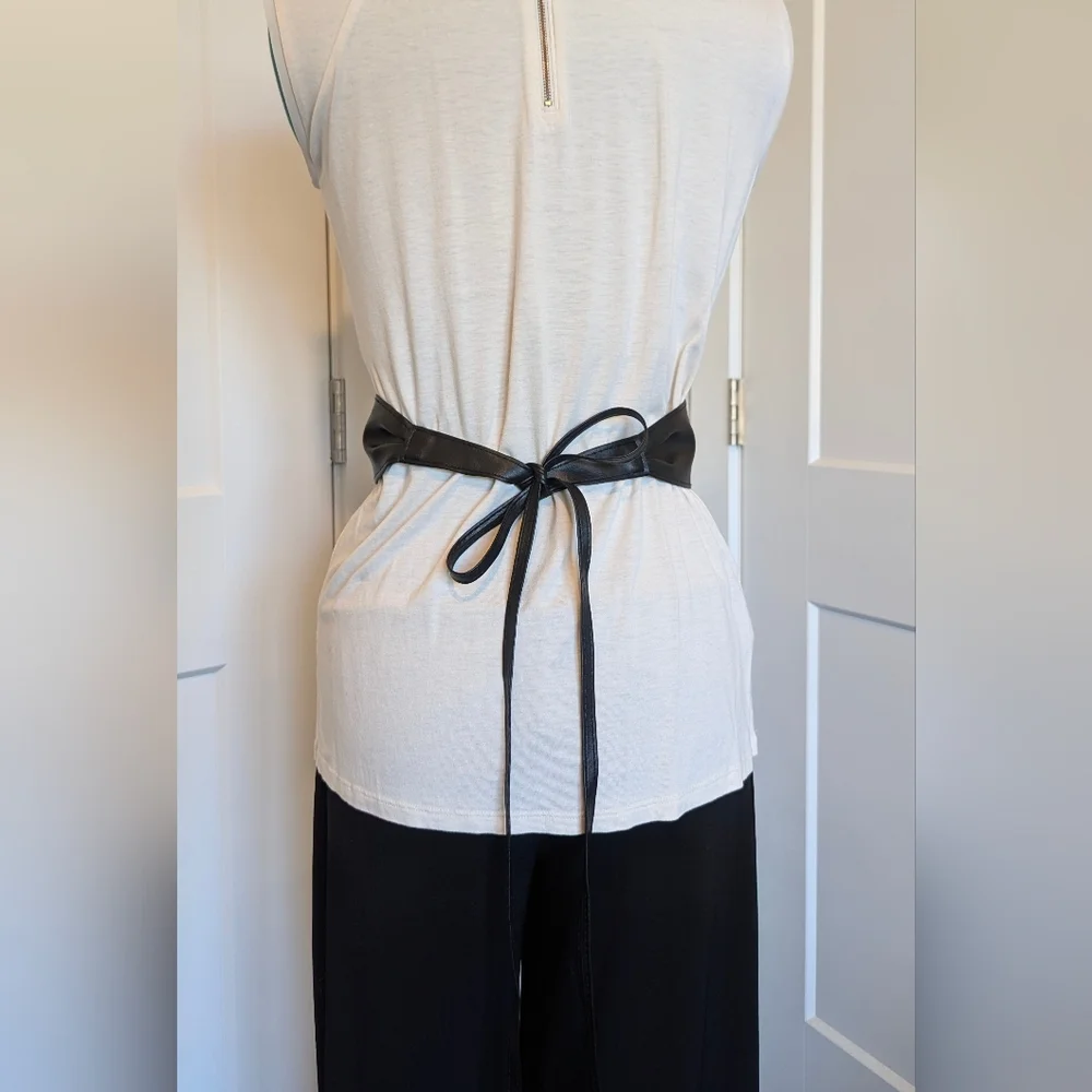 Womens Belt Faux Leather Black Adjustable Tie-back 96